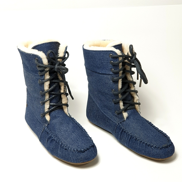 Emu Australia Brooklyn fur and Denim moccasin lace-up booties size 9 - Picture 1 of 15